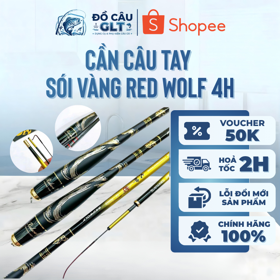 Cần Câu Cá, Cần Câu Tay Sói Vàng Red Wolf Độ Cứng 4H - 28i Carbon Chuyên Câu Cá Rô Diếc Tự Nhiên