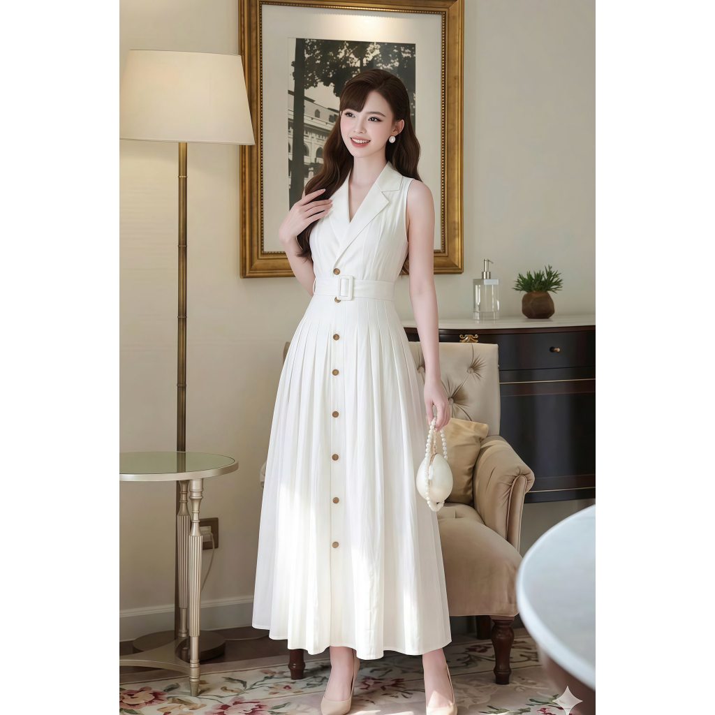 Váy trắng dự tiệc dáng dài Emili Lux Đầm sát nách cổ vest thắt eo kèm đai cao cấp V566