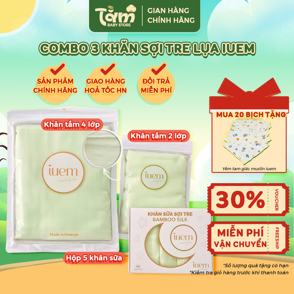 [COMBO] Khăn Sợi Tre IUEM Cho Bé – Khăn Tắm 4 Lớp, Khăn Tắm 2 Lớp & Khăn Sữa Bamboo Sợi Tre Mềm Mịn 
