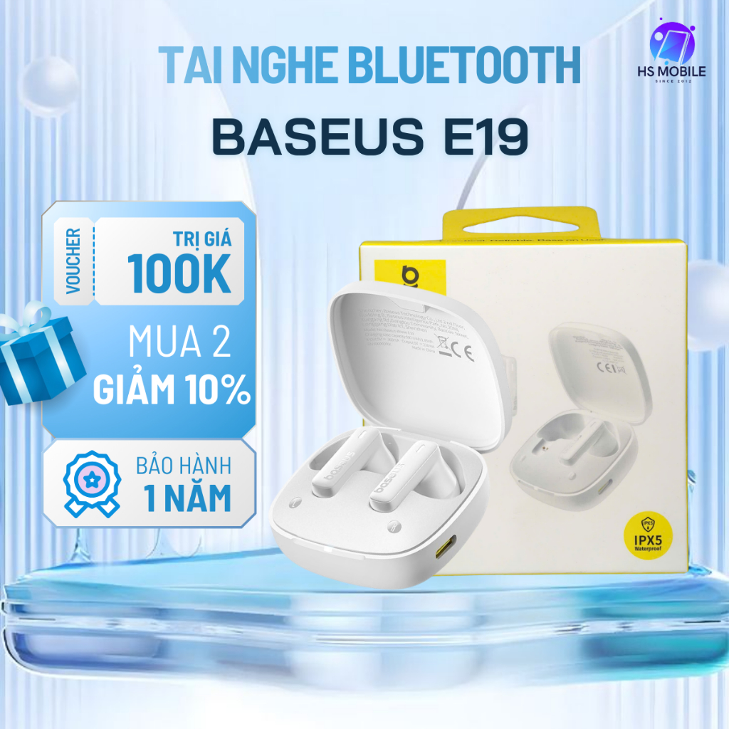 Tai nghe không dây Baseus Bowie E19 TWS Bluetooth màu Stellar White âm thanh sống động