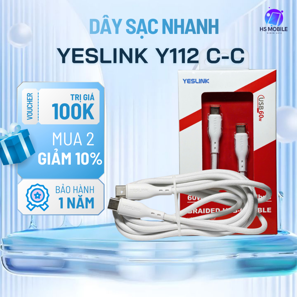 Cáp sạc Yeslink Y112 Type-C to Type-C dài 2m sạc nhanh PD truyền dữ liệu ổn định bền bỉ