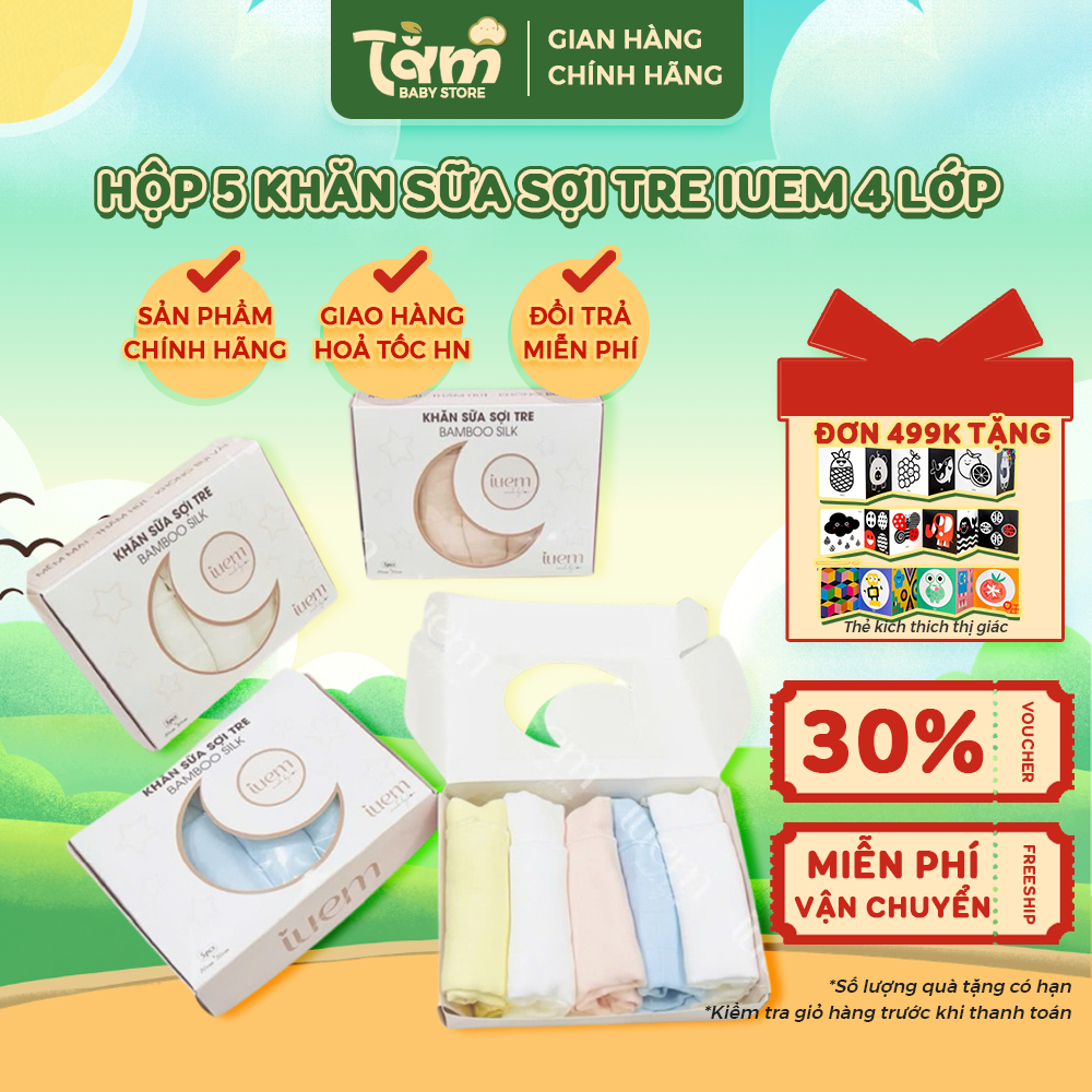 Hộp 5 Khăn Sữa iuem 4 Lớp Sợi Tre Lụa Bamboo 30x30cm Cho Bé – Mềm Mịn, Thấm Hút - Tằm Baby