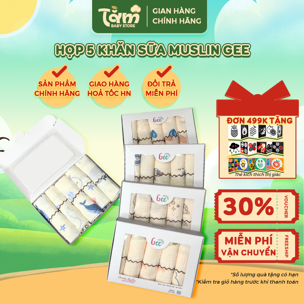 Hộp 5 Khăn Sữa Muslin Gee – Cotton Tự Nhiên, Dịu Nhẹ Cho Trẻ Sơ Sinh - Tằm Baby Store