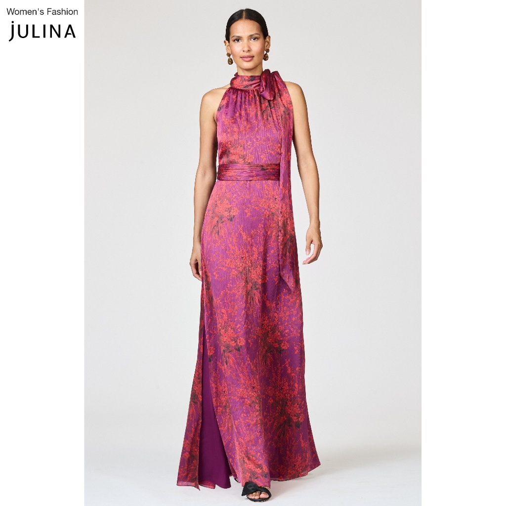 Đầm dạ hội Kayla cổ yếm lụa họa tiết hoa màu đỏ dâu - JF1381