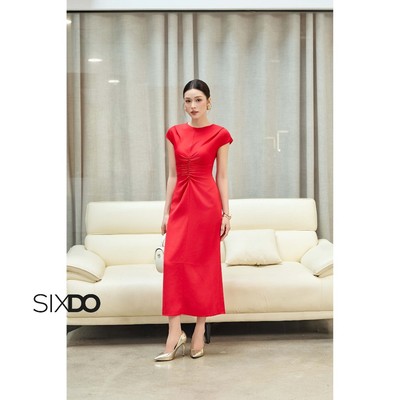 Đầm Midi bút chì lụa đỏ ngắn tay SIXDO (Red Silk Pencil Dress)
