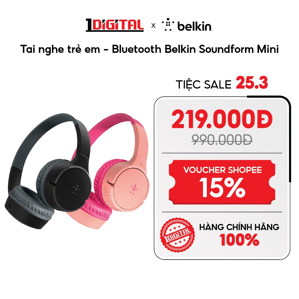 (Belkin) Tai nghe trẻ em Bluetooth Belkin Soundform Mini - 4 Màu Đen, Hồng, Trắng, Xanh