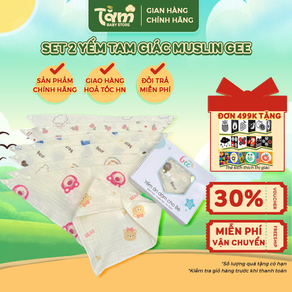 Set 2 Yếm Tam Giác Gee Muslin 4 Lớp Cho Bé – Yếm Ăn Dặm Sơ Sinh Mềm Mại, Thấm Hút Tốt, Thoáng Khí - 