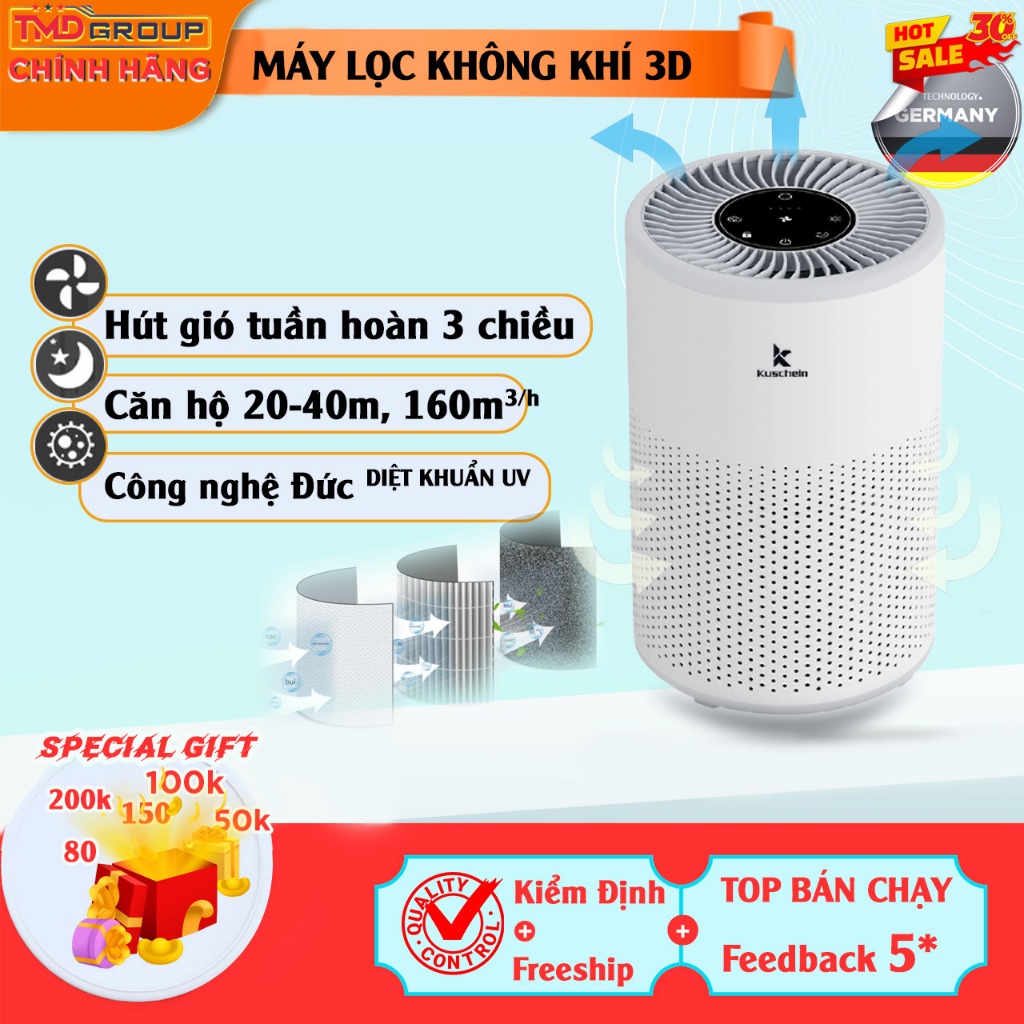 Máy Lọc Không Khí Kuscheln Công Nghệ Đức - Diệt Khuẩn UV, Lọc HEPA H12 Sạch Bụi Mịn PM2.5 |BH 2 Năm