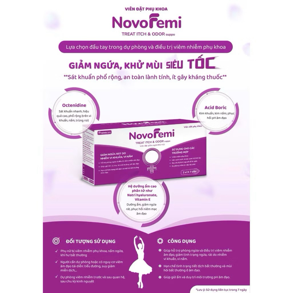 Viên đặt giảm ngứa khử mùi NovoFemi – Treat itch & odor suppo, hộp 2 vỉ x 7 viên