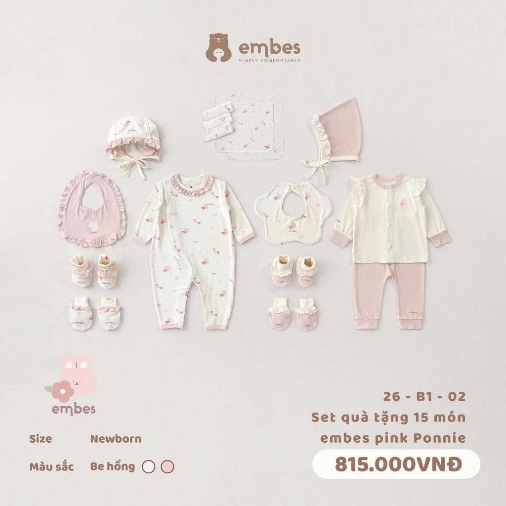 Combo Sơ Sinh Embes, Set 15 Món Đi Sinh Chất Mềm Mại Làm Quà Tặng Cho Bé Trai Bé Gái Từ 0-3 Tháng