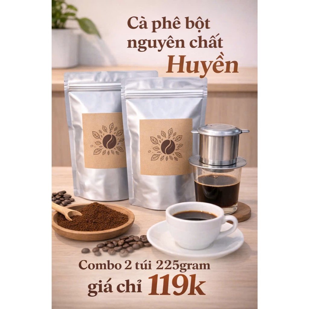 Combo 2 gói Caffe bột nguyên chất 225gram/1 gói mà chỉ có 119K, vị đậm, hậu ngọt, phù hơp pha phin