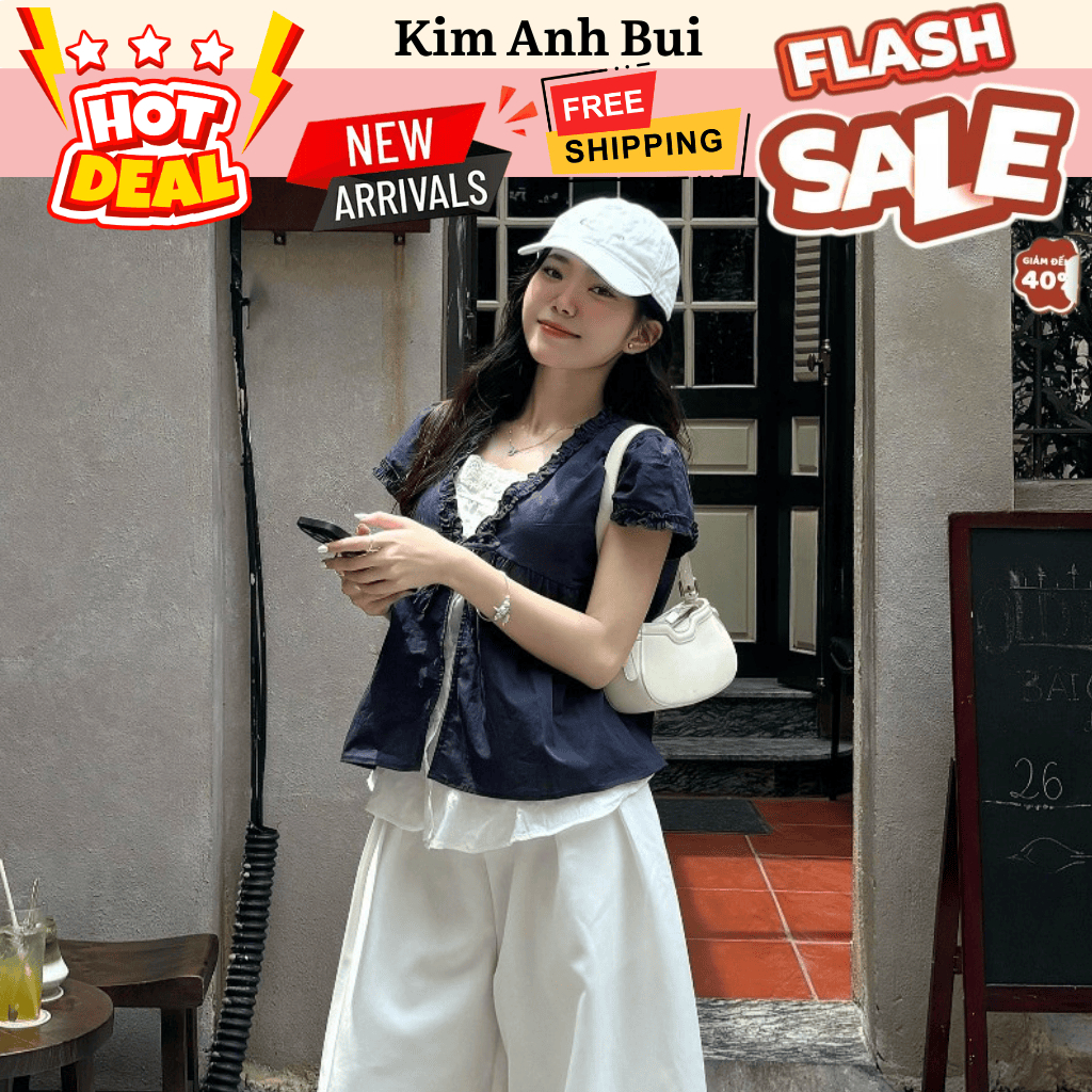 Áo Babydoll HAERIN Nữ Hàn Quốc | Áo Phối Ren 2 Lớp | Áo Khoác Mỏng Buộc Dây Vintage | Áo Tay Ngắn Dễ