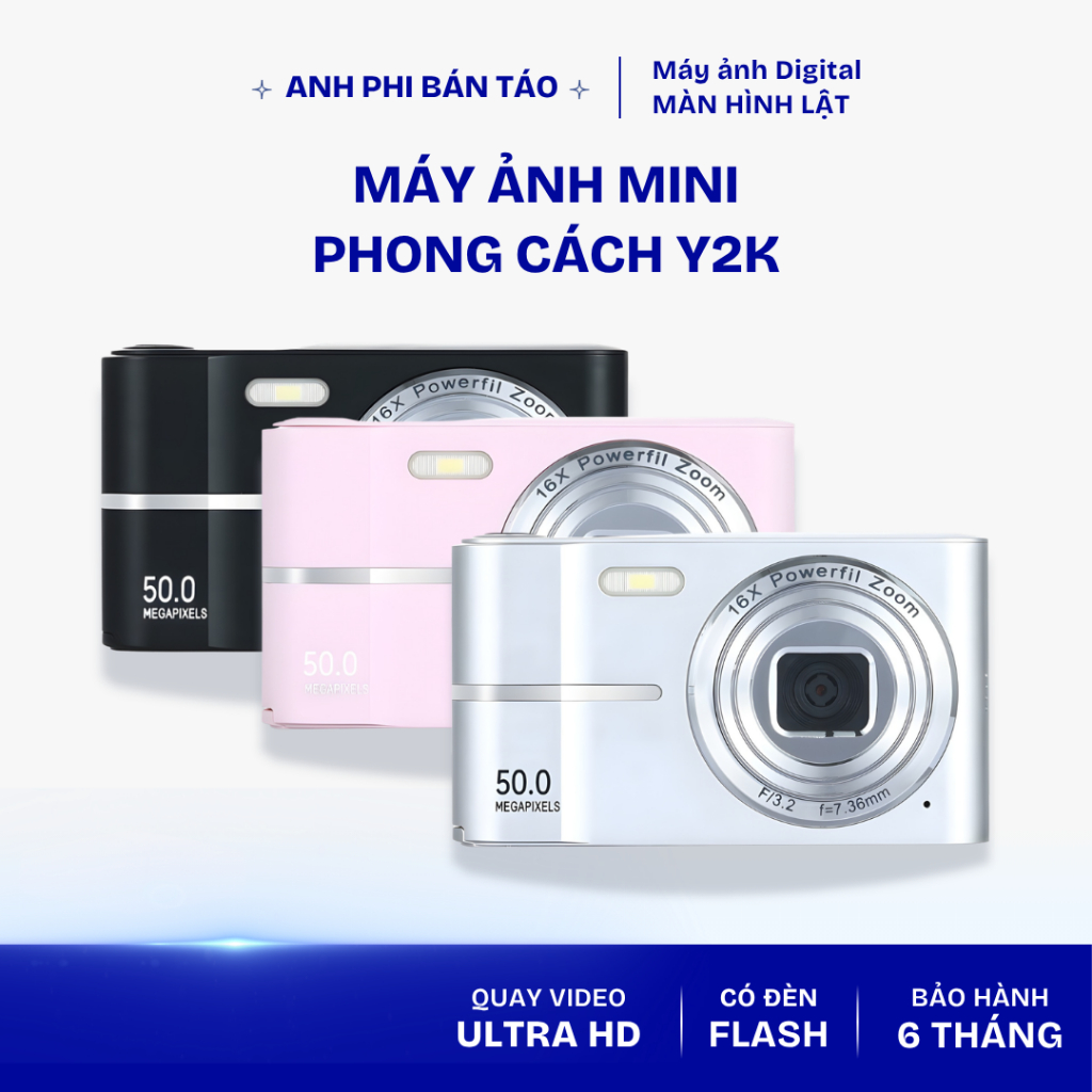 [Tặng kèm thẻ nhớ] Máy quay chụp ảnh mini Anh Phi Y2K chất lượng hình ảnh 50MP siêu mỏng | Anh Phi Bán Táo