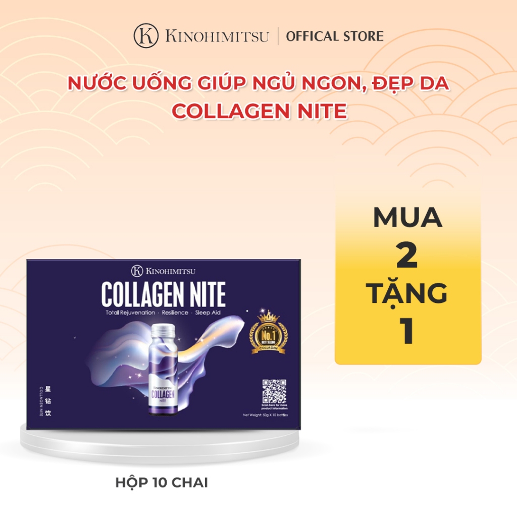 Nước uống Collagen Nite Kinohimitsu chống lão hóa, giúp ngủ ngon, làm sáng và mịn da 10 chai x 50g