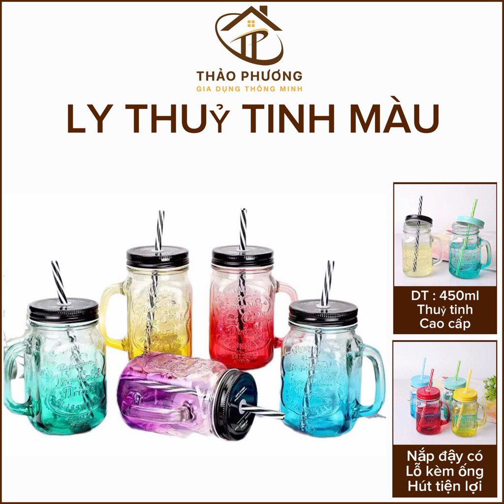 Ly Thủy Tinh 450ml Có Quai Uống Trà Sữa 450ML nắp có lỗ