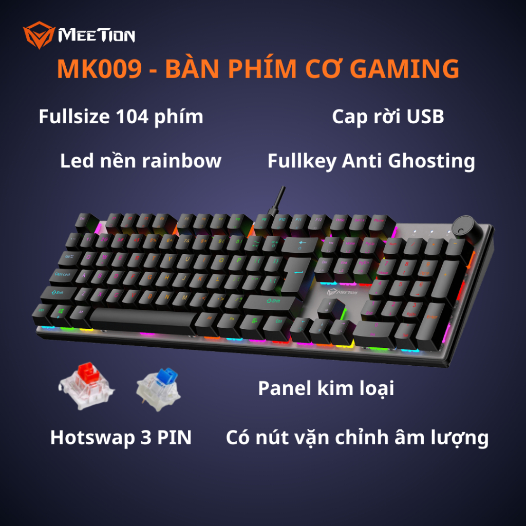 Bàn phím cơ gaming Meetion MK009 Fullsize 104 phím Hot-swappable (Red/Blue Switch), LED nền Rainbow