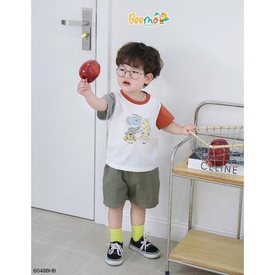 Set thun cộc tay Beemo raglan in hình đáng yêu vải thun co giãn cho bé đi học, đi chơi 6048BHB