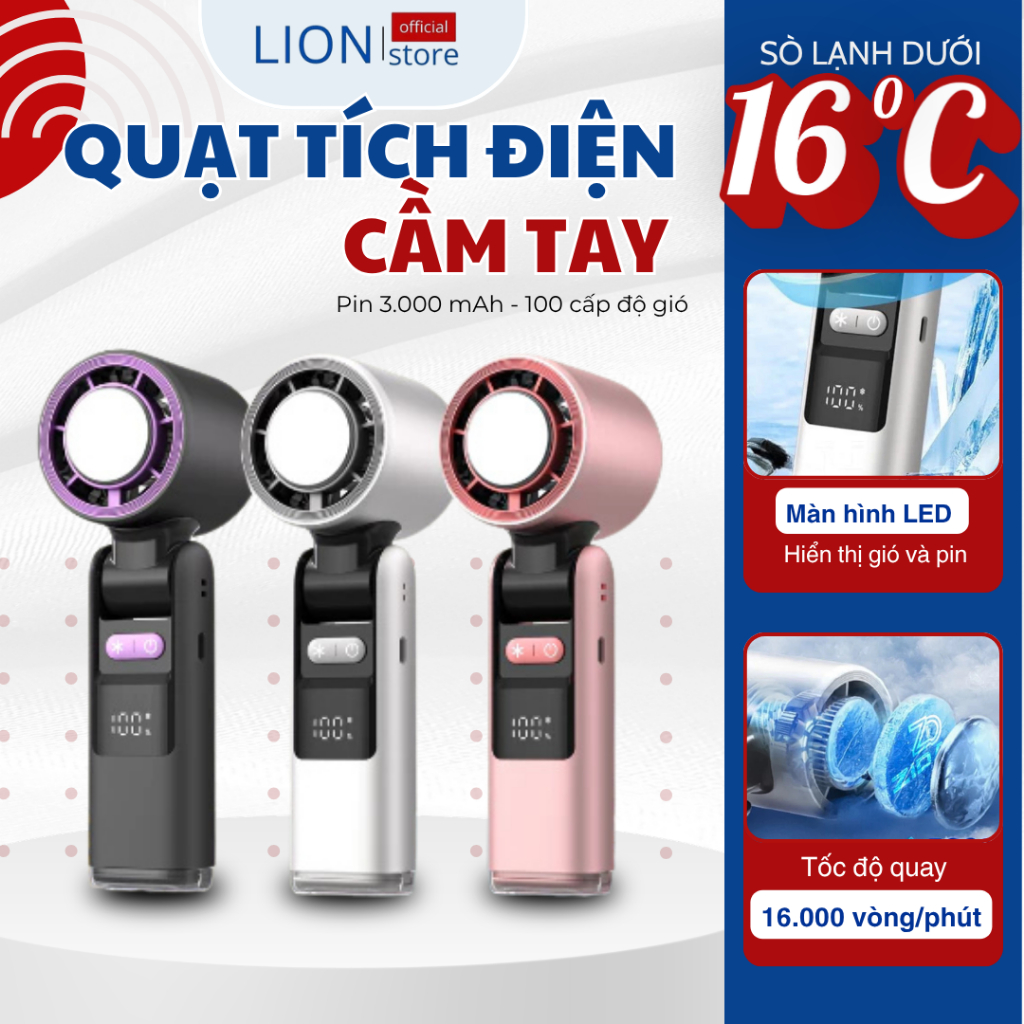 [𝐠𝐢𝐚𝐝𝐮𝐧𝐠𝐋𝐈𝐎𝐍] Quạt Cầm Tay Sò Lạnh - Pin 5000 mAh,Gấp Gọn 180 Độ Kèm Đèn Pin, Màn Hình Hiển Thị LED 