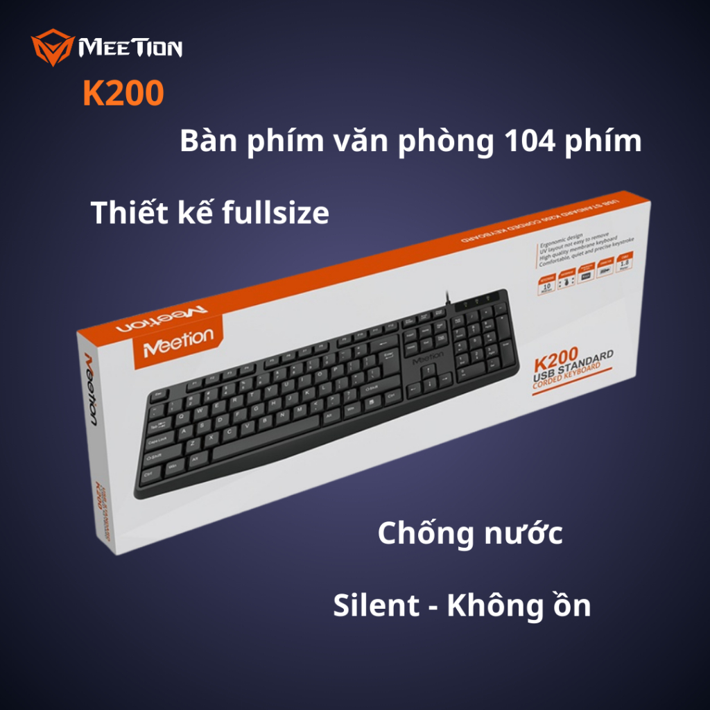 Bàn phím văn phòng K200 MeeTion 104 phím thiết kế Ergonomic keycap gia công UV độ bền cao