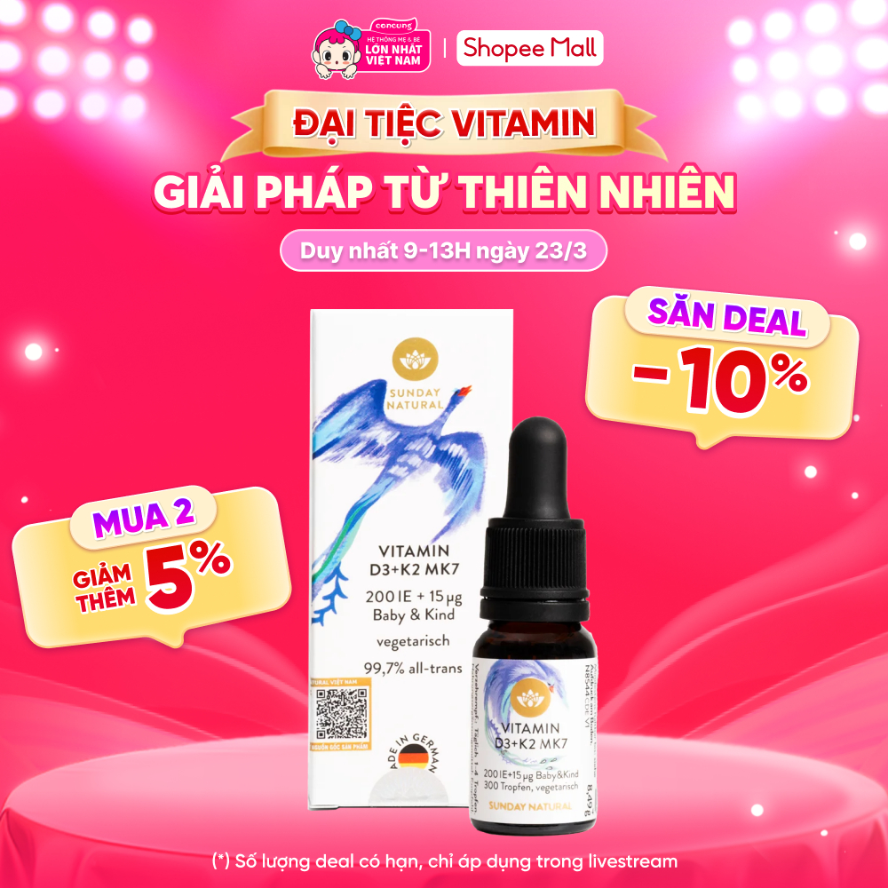 Thực phẩm bảo vệ sức khỏe  Vitamin D3+K2 MK7 200IE + 15ug Baby&Kind Sunday Natural