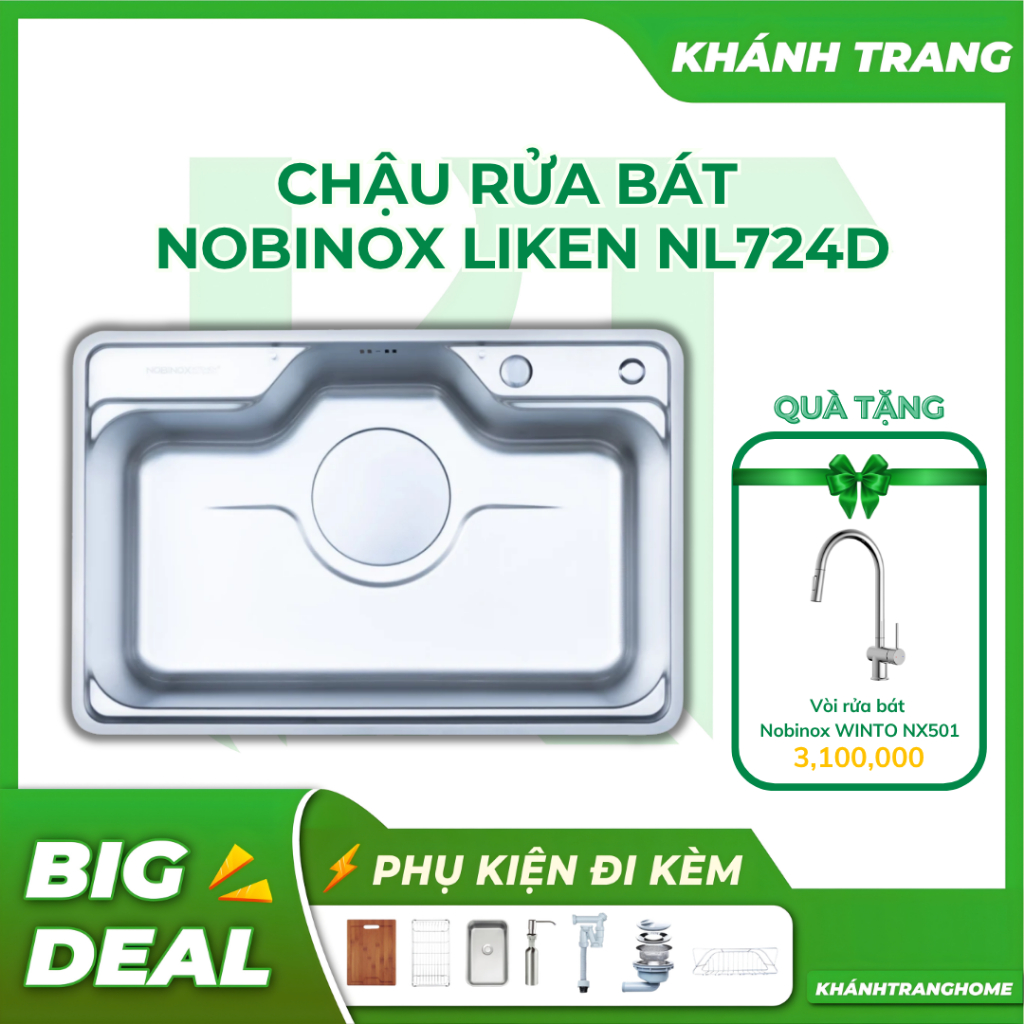 [TẶNG VÒI CAO CẤP] Chậu rửa chén Nobinox LIKEN NL724D bề mặt siêu mịn chống xước - Khánh Trang Home