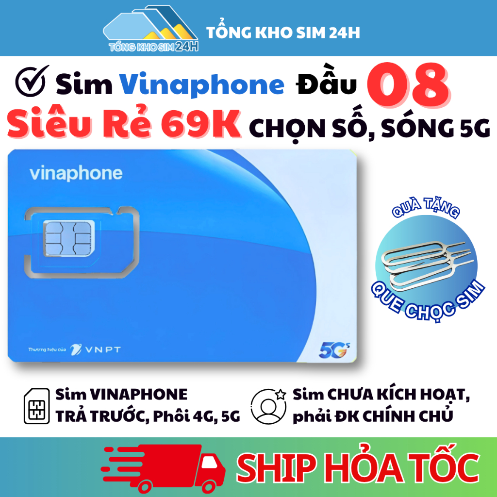 Sim Vinaphone Sóng 5G Đầu 08 Giá Siêu Rẻ Chỉ 69K Số Đẹp Dễ Nhớ [Chưa Kích Hoạt, Phải ĐK Chính Chủ]
