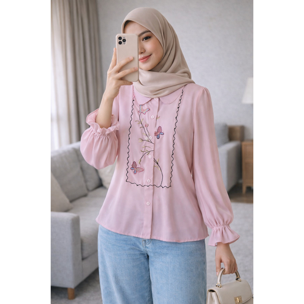 Butterfly Embroidery Long Sleeve Puff Shirt Very Cun Kemeja Wanita Cantik Selesa CHUU A3957