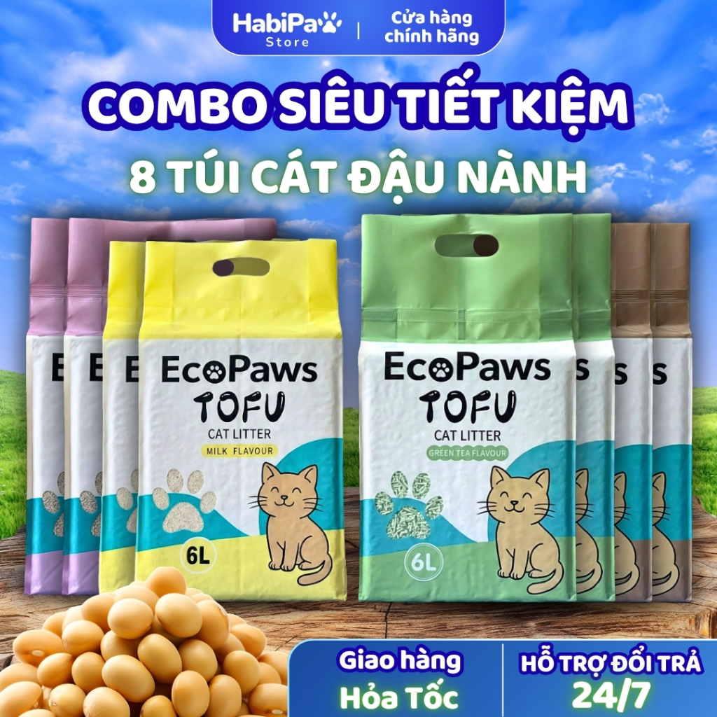 Combo 8 Cát Đậu Nành cho mèo khử mùi vượt trội, không bụi, an toàn cho mèo, vón cục nhanh EcoPaws
