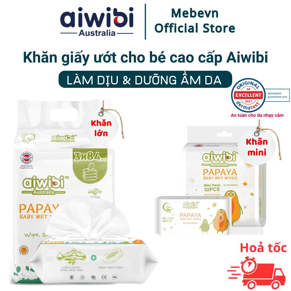 Combo 3-12 gói khăn ướt Aiwibi Papaya cao cấp , khăn ướt Aiwibi cho bé sơ sinh, không kích ứng da