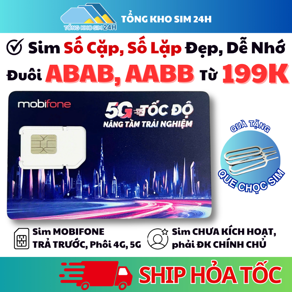 Sim Số Lặp đuôi AABB - ABAB, Số Cặp Giữa Dễ Nhớ Mobifone Đầu 07 - 08, Trả Trước, ĐKCC tại Mobifone