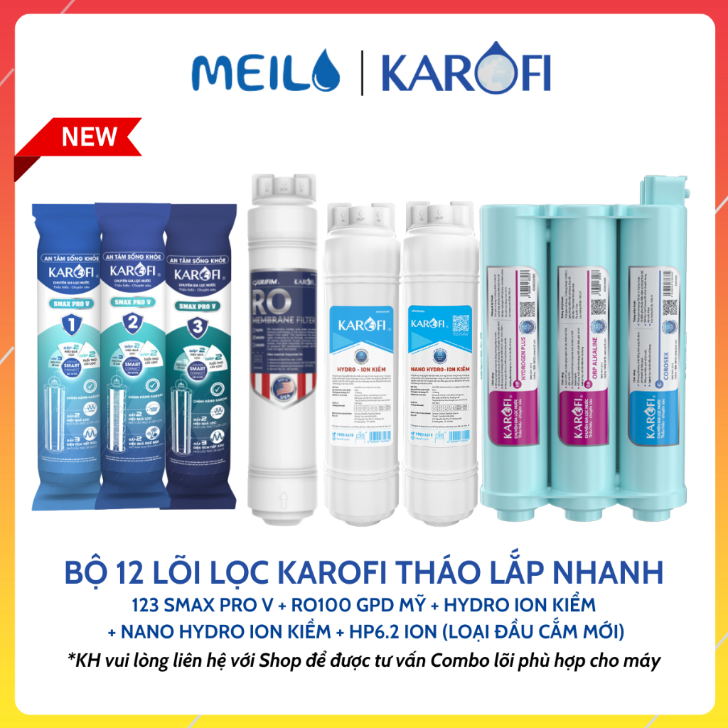 Combo 12 Lõi Lọc Nước Karofi Gồm 123 Smax V, RO Mỹ, 8 Lõi Chức Năng Tháo Lắp Nhanh Dùng Cho Model KA