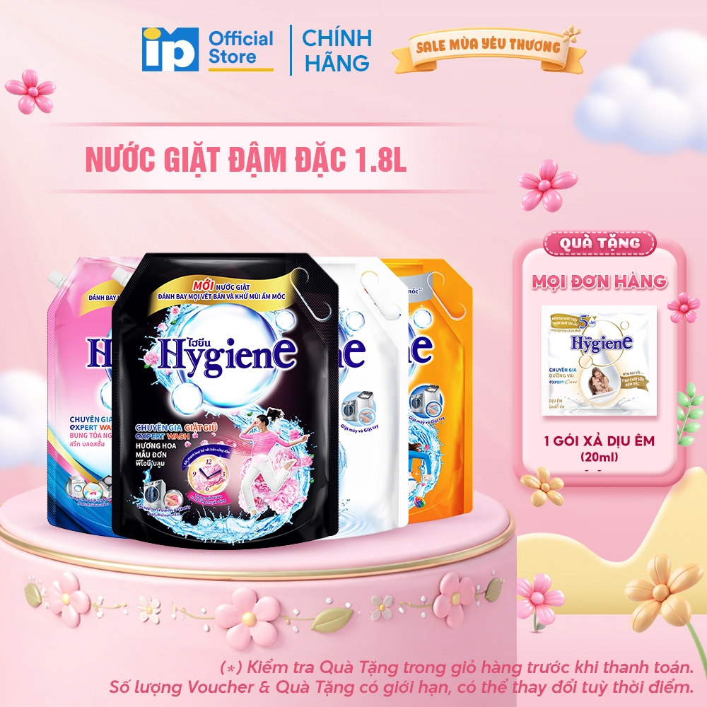 Nước Giặt Đậm Đặc Hygiene 1.8L (Dịu Êm/ Ánh Dương Hạnh Phúc/ Hoa Mẫu Đơn/ Bung Tỏa Ngọt Ngào)