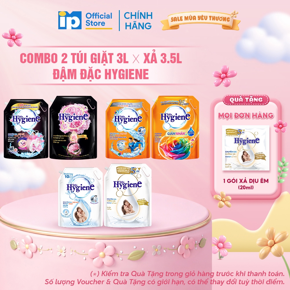 Combo Túi Nước Giặt Đậm Đặc Hygiene 3L x Nước Xả Vải Đậm Đặc Hygiene 3.5L (Dịu Êm/ Ánh Dương Hạnh Phúc/ Hoa Mẫu Đơn)
