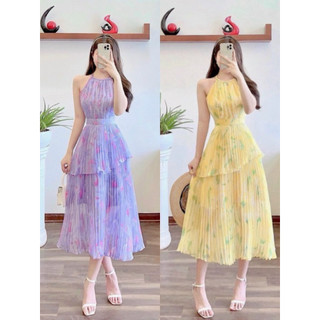 Đầm nữ thời trang dự tiệc chất Voan hoa cao cấp thiết kế cổ yếm ôm eo váy maxi dập ly dáng xoè phối tầng hai lớp