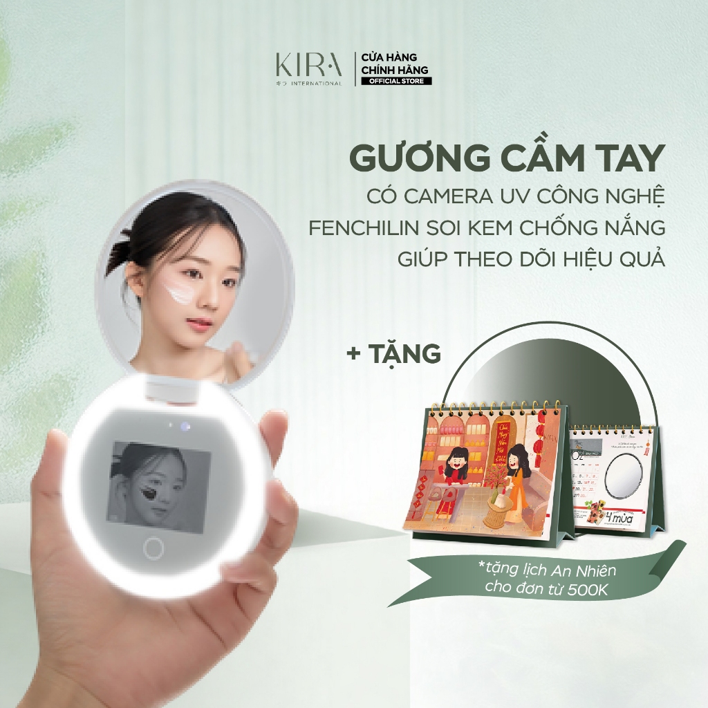 Gương cầm tay có camera UV Kira công nghệ FENCHILIN soi kem chống nắng (TẶNG KÈM THẺ ĐO UV)