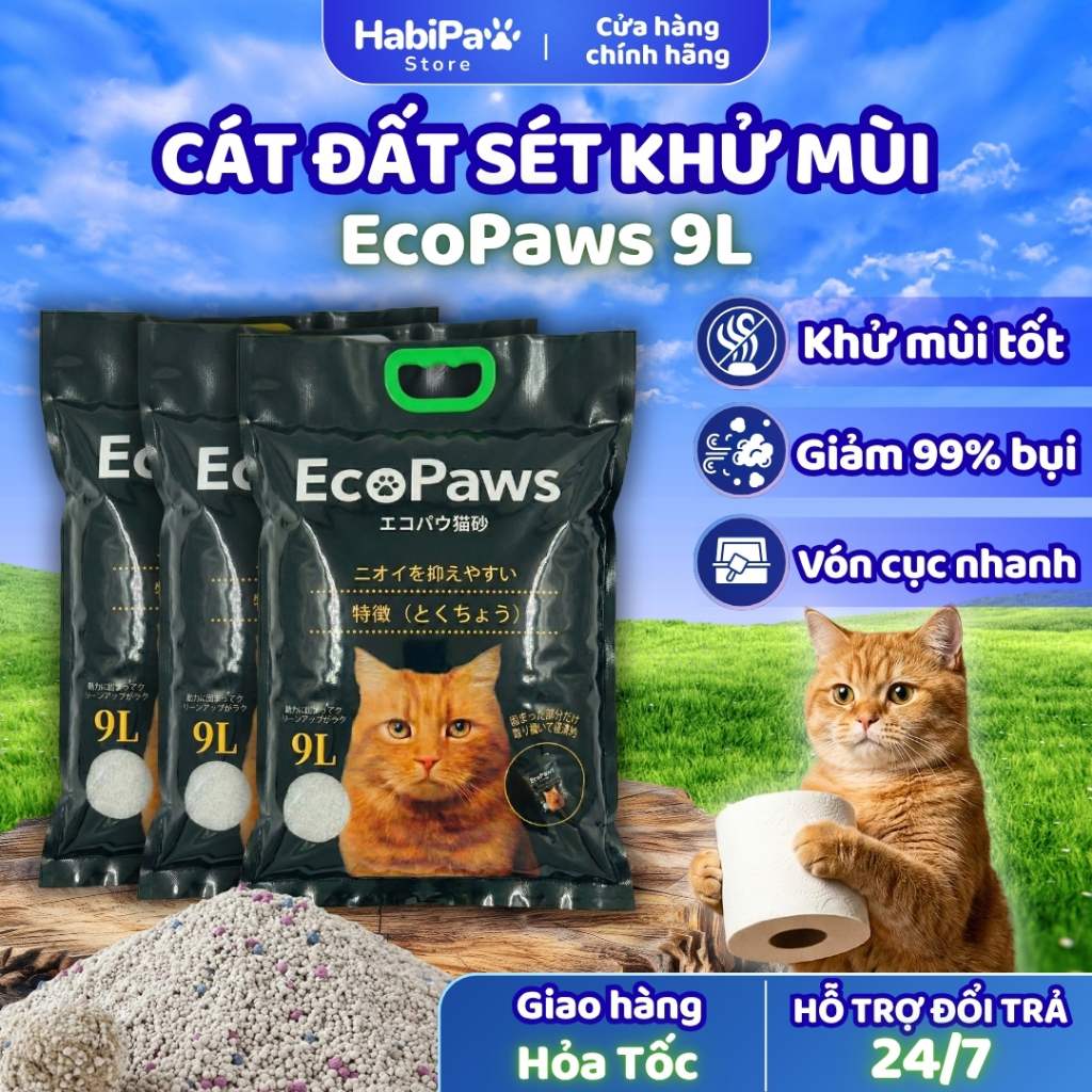 Cát Đất Sét cho mèo khử mùi vượt trội, giảm 99% bụi, an toàn cho mèo, vón cục nhanh EcoPaws