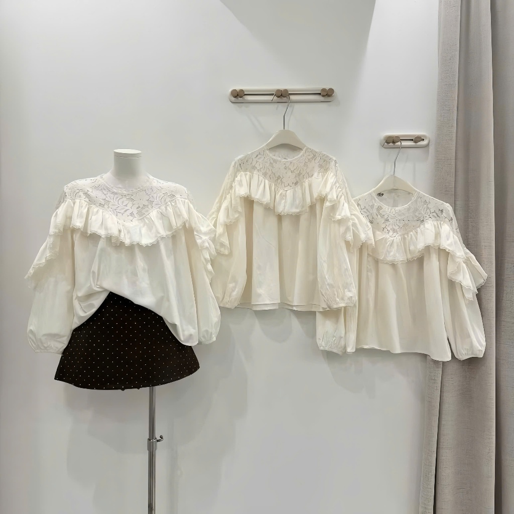 Áo Sơ Mi Babydoll Bánh Bèo Phối Cổ Ren Chất Thô Nhăn Màu Be | BigBuy360 - bigbuy360.vn