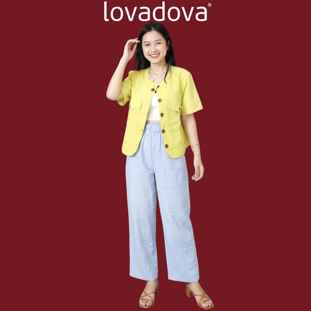 Áo khoác blazer màu vàng / đen / xanh dương có túi vải linen Lovadova GB0202