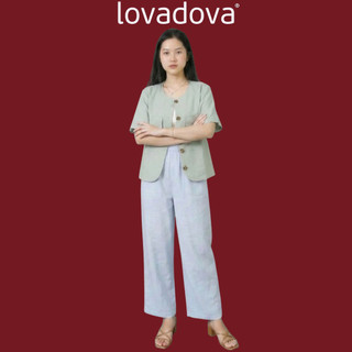 Áo khoác blazer màu vàng / đen / xanh dương có túi vải linen Lovadova GB0202