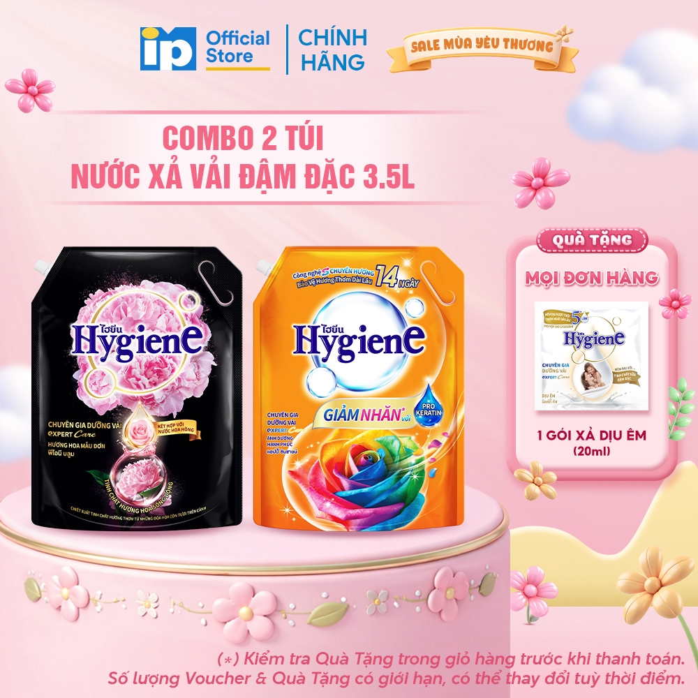 Nước Xả Vải Đậm Đặc Hygiene 3.5L (Hoa Mẫu Đơn/ Ánh Dương Hạnh Phúc) x 2 Túi