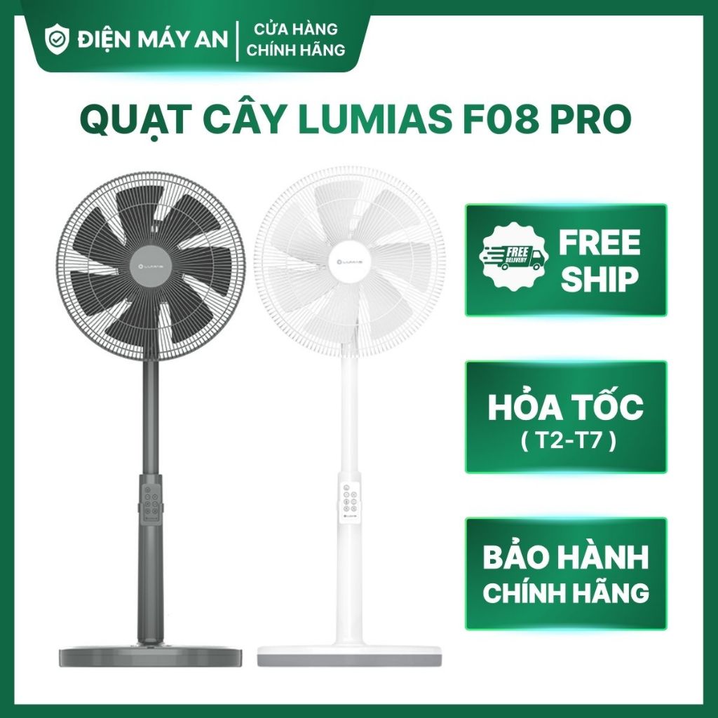 Quạt đứng Lumias màu trắng F08 Pro - 28W, 7 cấp độ gió, kết nối wifi, có remote điều khiển từ xa