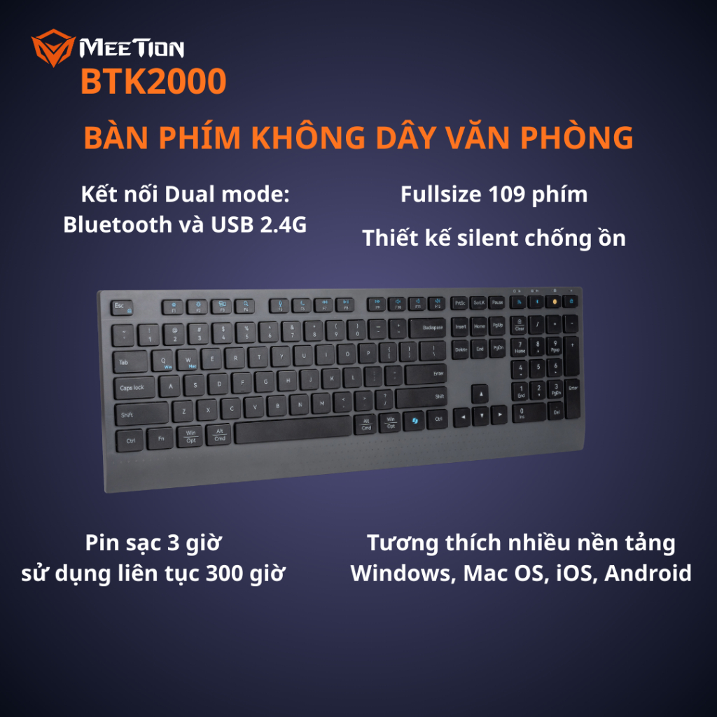 Bàn phím không dây văn phòng Meetion BTK2000 Bluetooth 5.2&2.4G, Fullsize 109 phím Silent, pin 300H