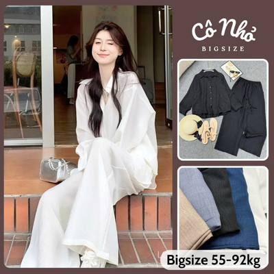 Set Đồ Bigsize Nữ Vải Đũi Vân Mây Mềm Mát Áo Sơ Mi Tay Dài Kèm Quần Ống Rộng Cạp Chun SET858