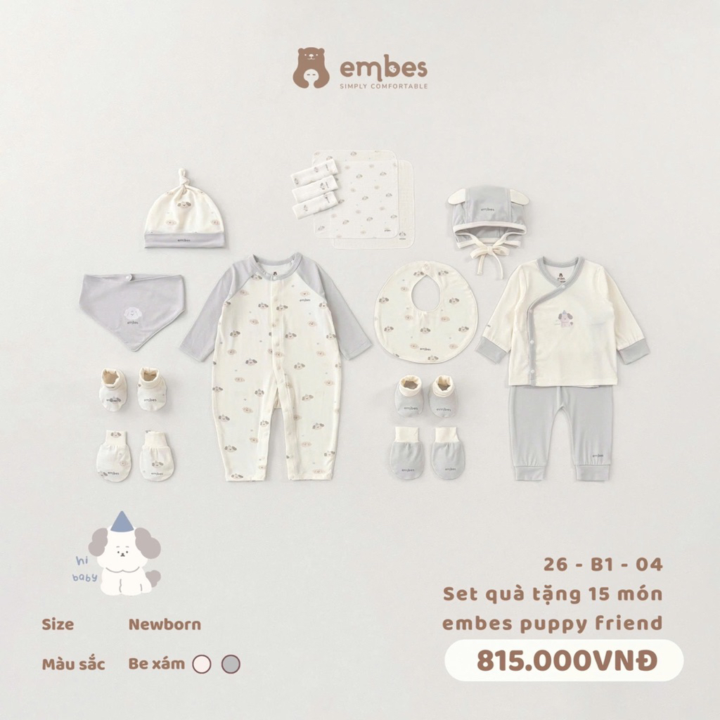 Set 15 món quà tặng sơ sinh Embes Pupy Friend tone be xám mềm mát. Set đồ sơ sinh cho bé BEO.Kids