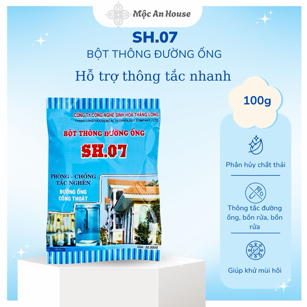 [ MUA 10 TẶNG 2 ] - Bột Thông Đường Ống SH.07 – Hỗ Trợ Thông Tắc Bồn Rửa, Bồn Cầu, Cống Thoát Nước, Khử Mùi ( Gói 100g )