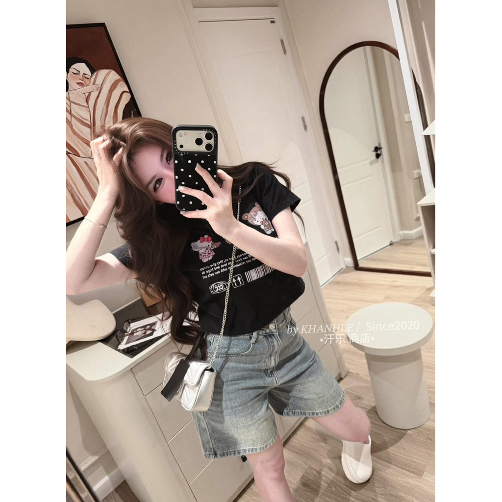 [QCL1] Áo phông croptop kitty - Hàng Quảng Châu. Áo thun cotton co giãn 4 chiều [màu hồng, đen] Lbz1