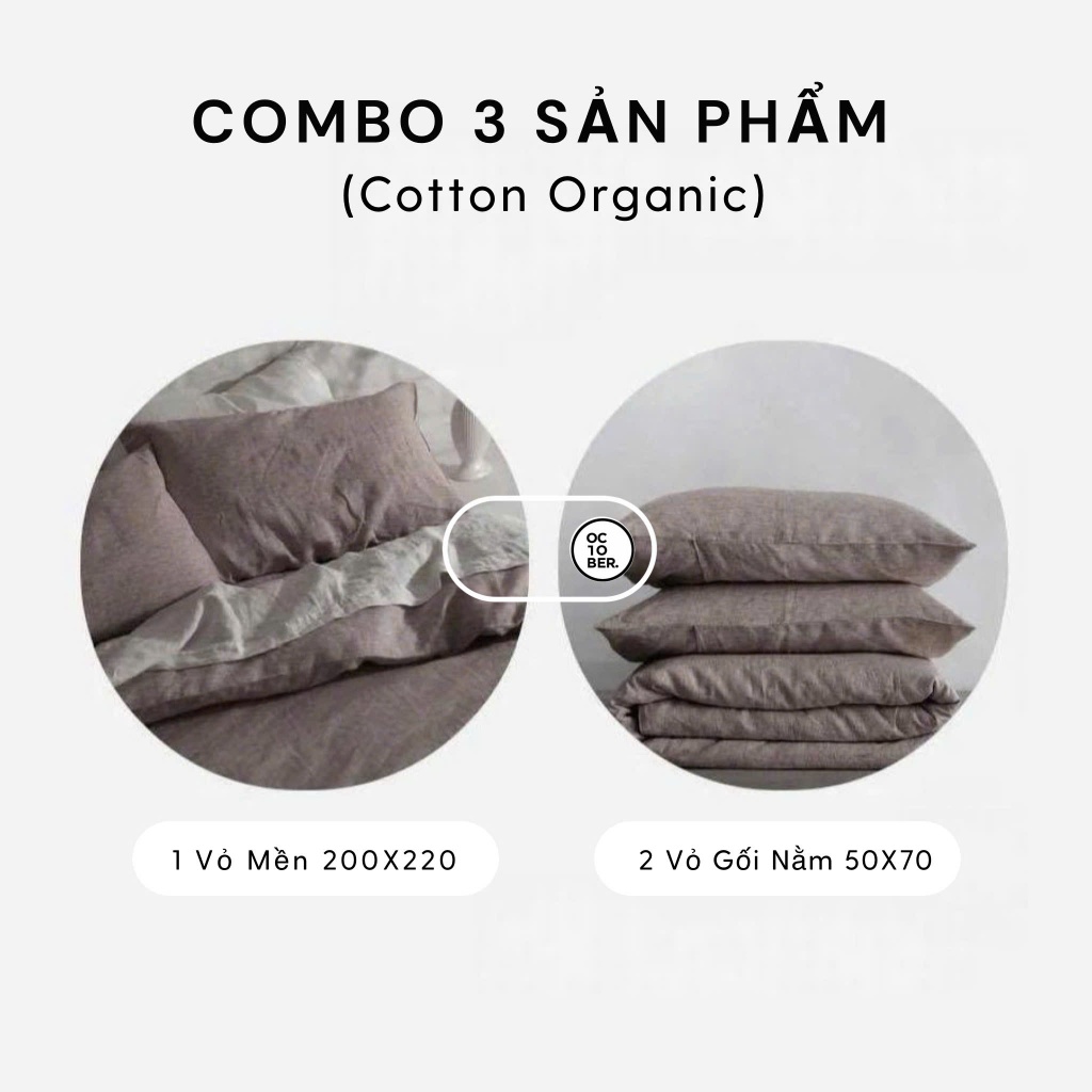 OCTOBER BEDDING COMBO 3 MÓN 1 VỎ MỀN + 2 VỎ GỐI NẰM COTTON ORGANIC MÀU TRƠN CAO CẤP KHÔNG XÙ