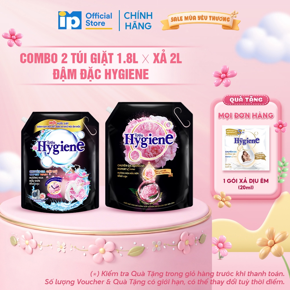 Combo Túi Nước giặt Đậm Đặc Hygiene 1.8L x Nước Xả Vải Đậm Đặc Hygiene 2L/2.2L - Hương Hoa Mẫu Đơn