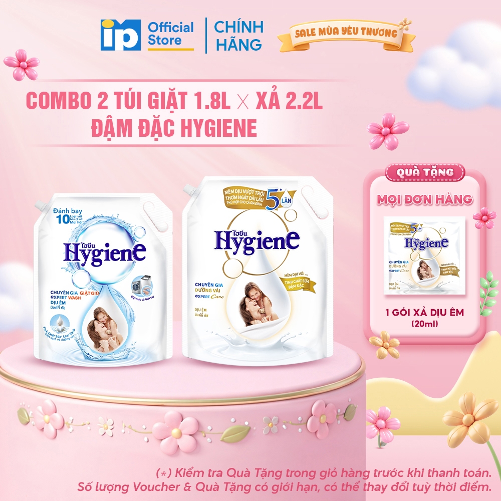 Combo Túi Nước giặt Đậm Đặc Hygiene 1.8L x Nước Xả Vải Đậm Đặc Hygiene 2L/2.2L - Hương Dịu Êm