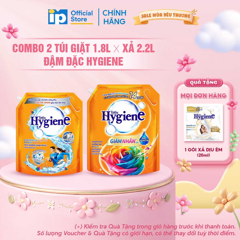Combo Túi Nước giặt Đậm Đặc Hygiene 1.8L x Nước Xả Vải Đậm Đặc Hygiene 2L/2.2L - Hương Ánh Dương Hạn